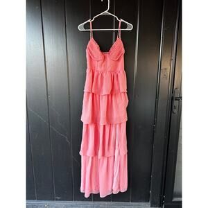 Birdy Grey Pink Tiered Chiffon Maxi Dress Spaghetti Strap Bridesmaid